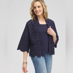 Chico's Navy Eyelet Short Kimono Shrug 100% Cotton Lightweight NWT L/XL